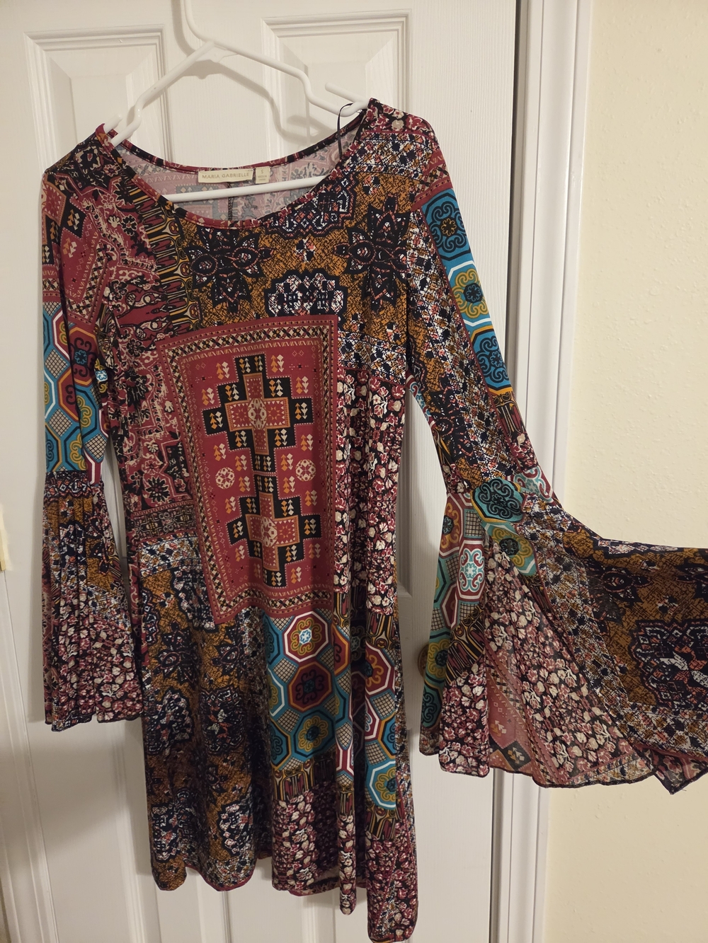Boho Patchwork Bell Sleeve Dress - Multicolor